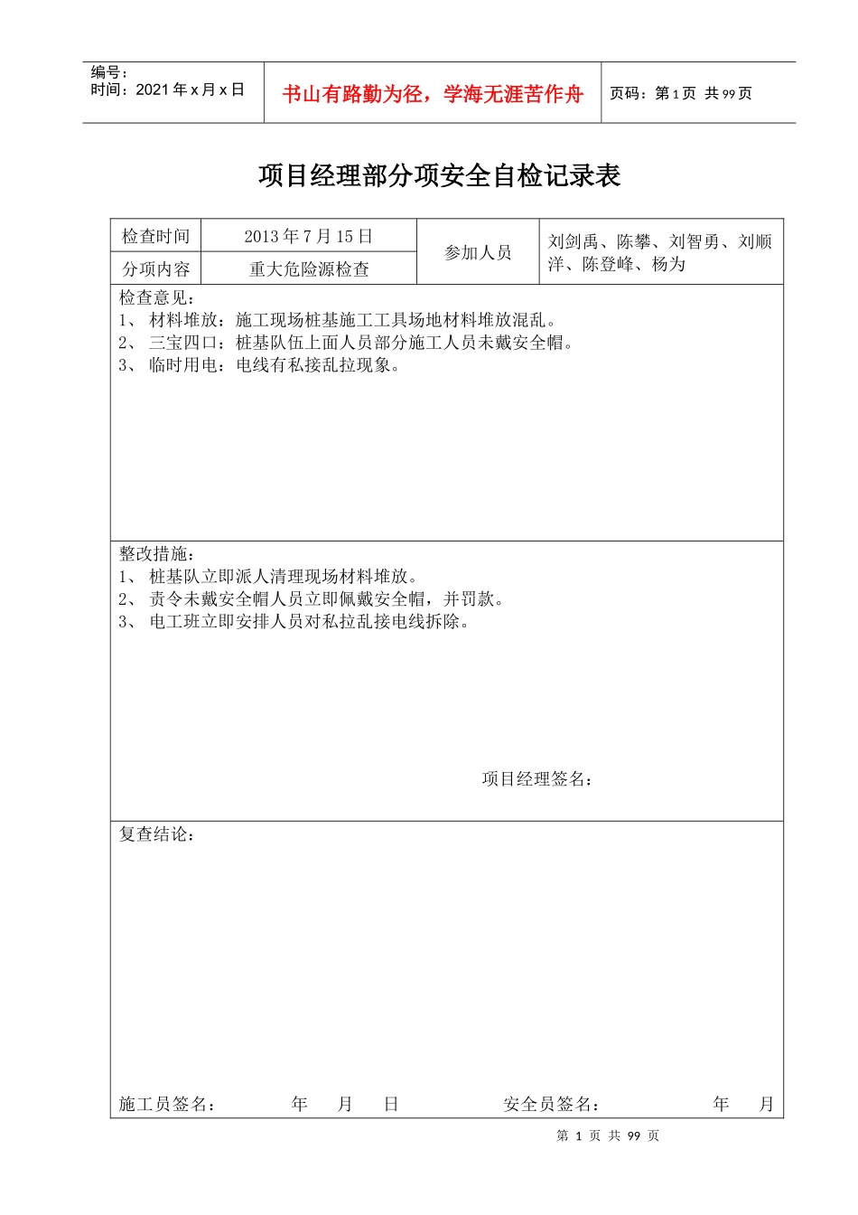 项目经理部分项安全自检记录表_第1页