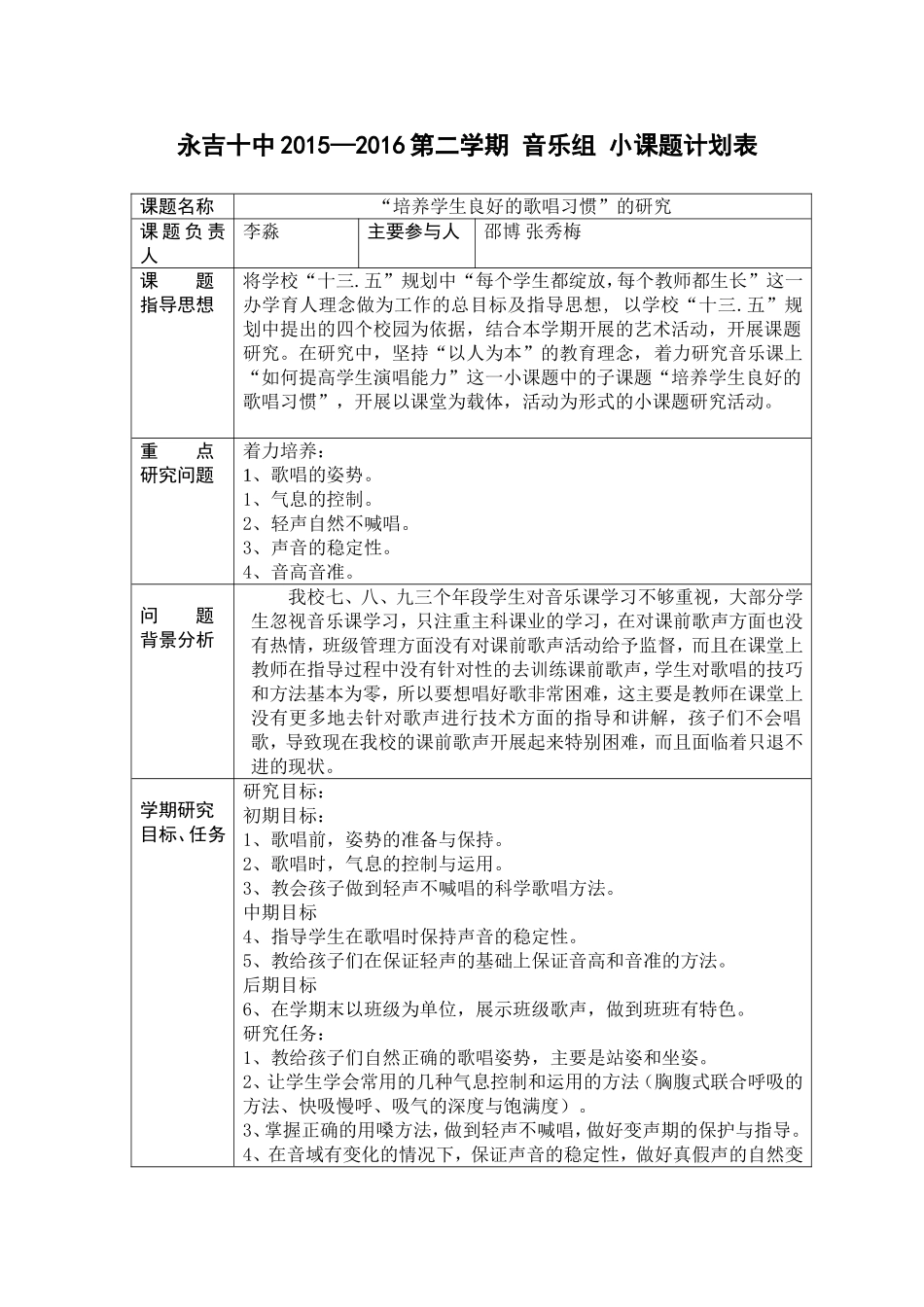 （修改后）音乐小课题研究计划表_第1页