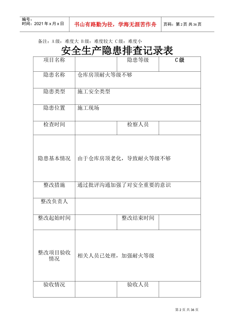 安全隐患排查记录表(DOC34页)_第2页