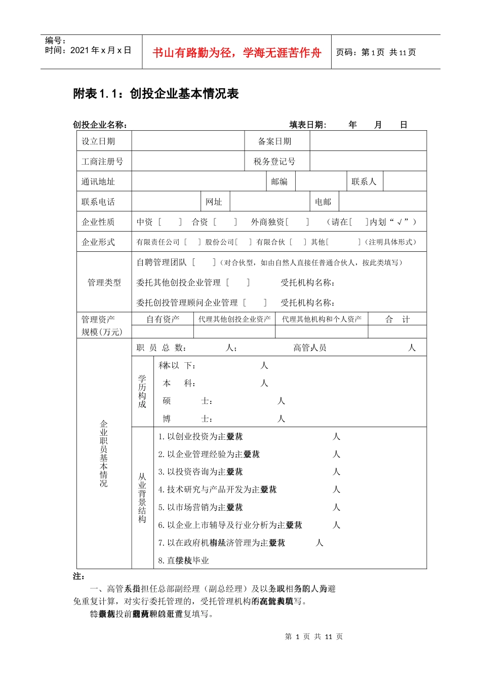 附表11创投企业基本情况表_第1页