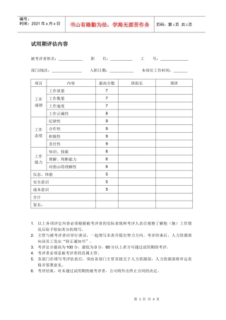 XX外资企业员工试用期评估表