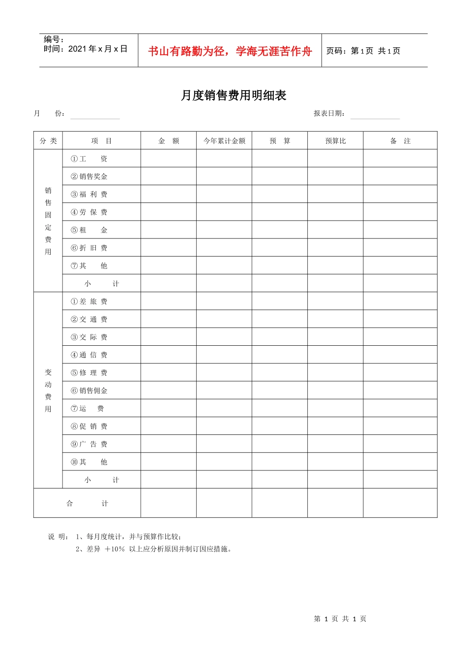 月度销售费用明细表_第1页