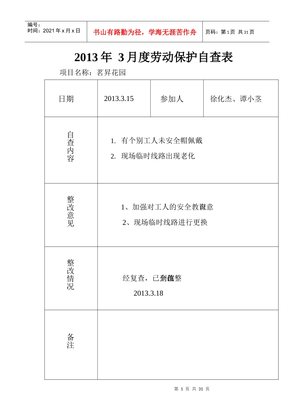 安全资料--工会---月度劳动保护自查表_第1页