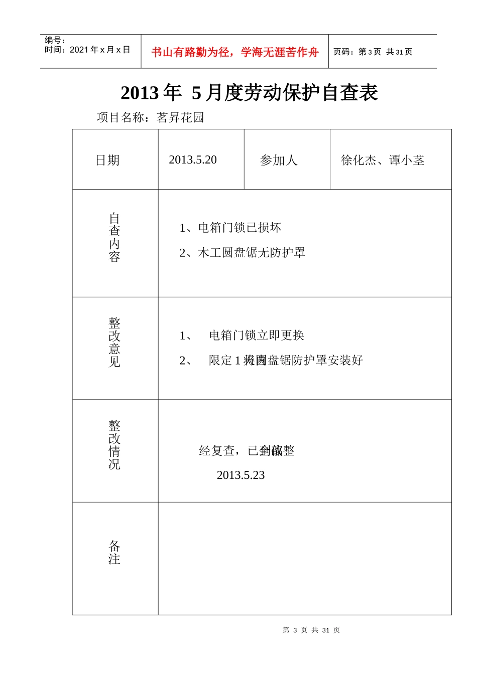 安全资料--工会---月度劳动保护自查表_第3页