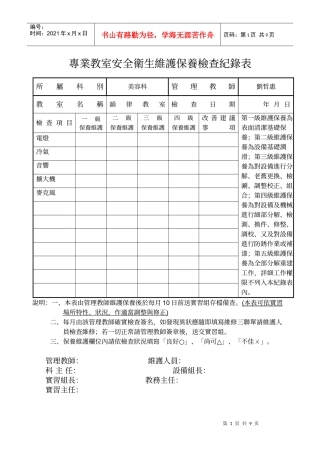 专业教室安全卫生维护保养检查纪录表