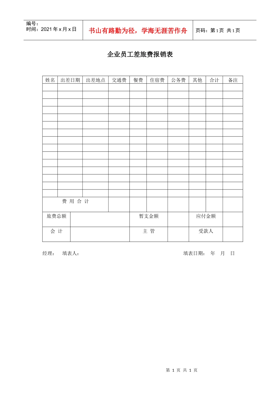 企业员工差旅费报销表_第1页