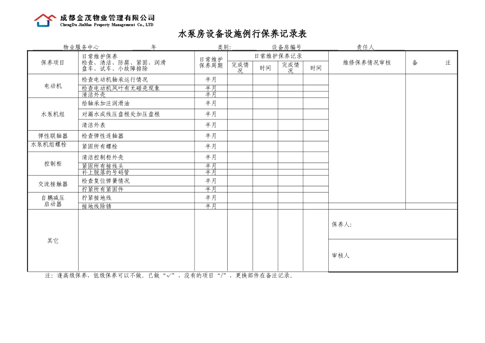 物业管理公司水泵房设备设施例行保养记录表(DOC80页)_第1页