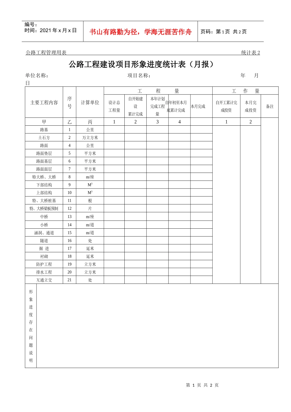 公路工程建设项目形象进度统计表（月报）_第1页