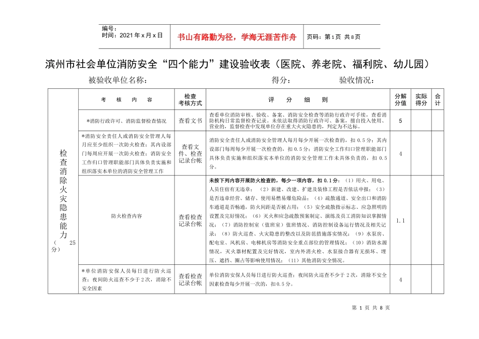 滨州市社会单位消防安全“四个能力”建设验收表（医院、养老院、_第1页