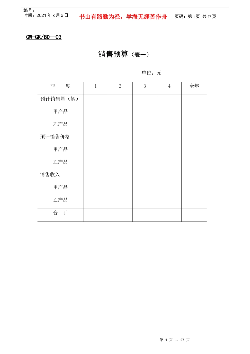现代企业全面预算表_第1页