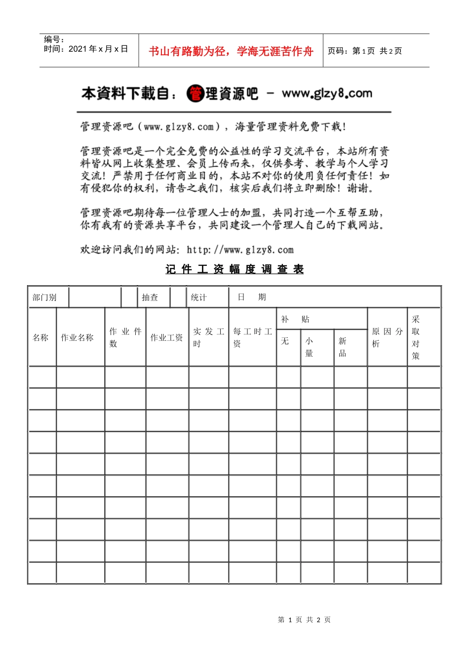 记件工资幅度调查表_第1页