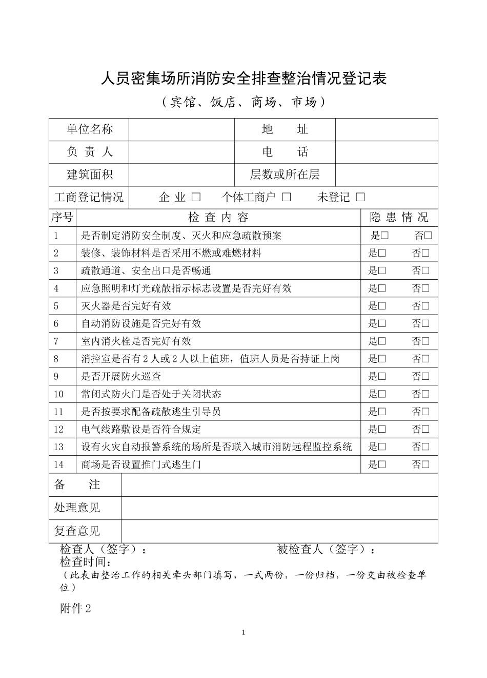 人员密集场所消防安全排查整治情况登记表_第1页