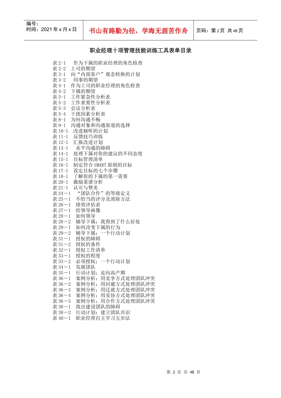 职业经理十项管理技巧训练工具表单目录_第2页