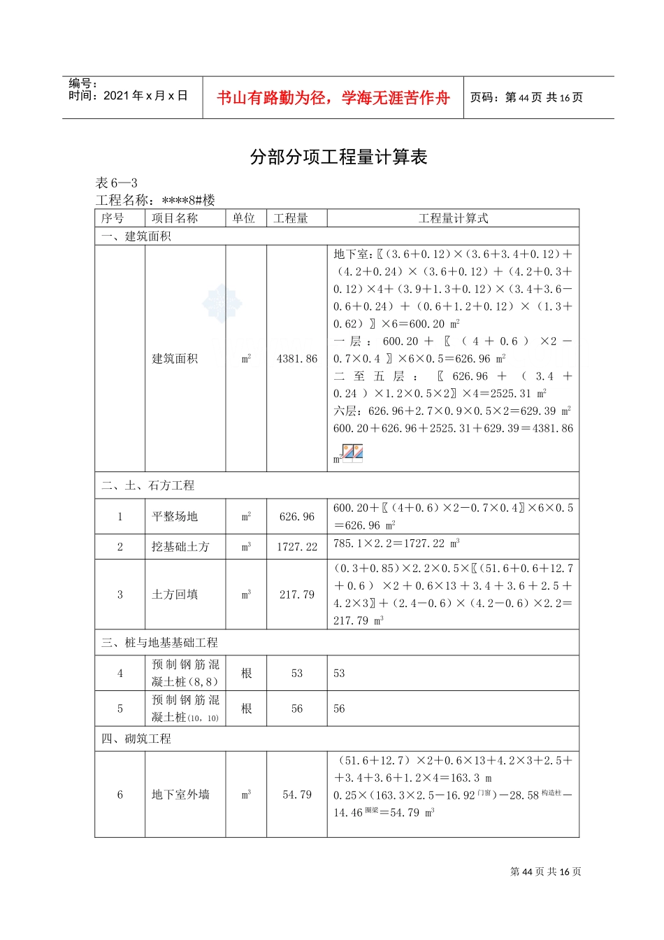 3.分部分项工程量计算表44-58_secret(DOC15页)_第1页
