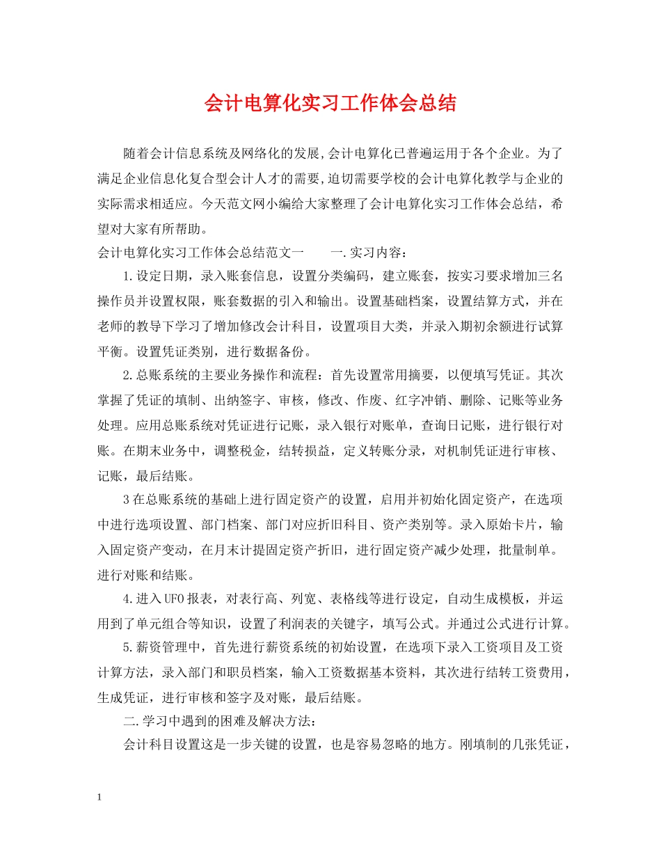 会计电算化实习工作体会总结 _第1页