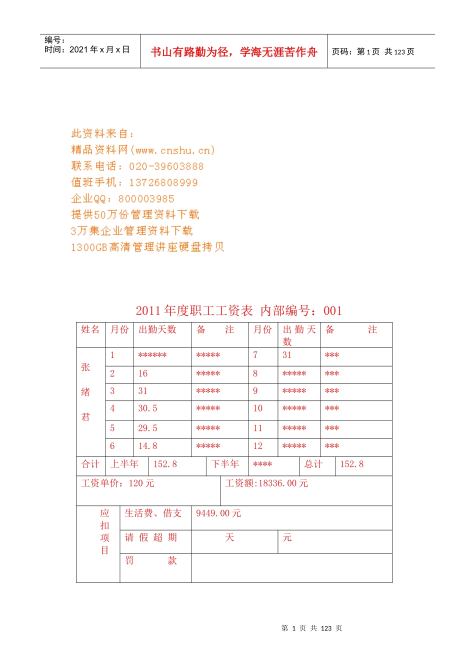 某企业年度职工工资表_第1页