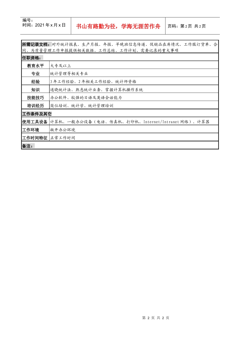 化妆品公司统计报表岗岗位说明书_第2页