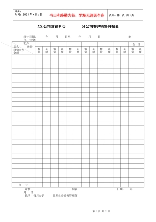 XX公司营销中心分公司客户销售月报表