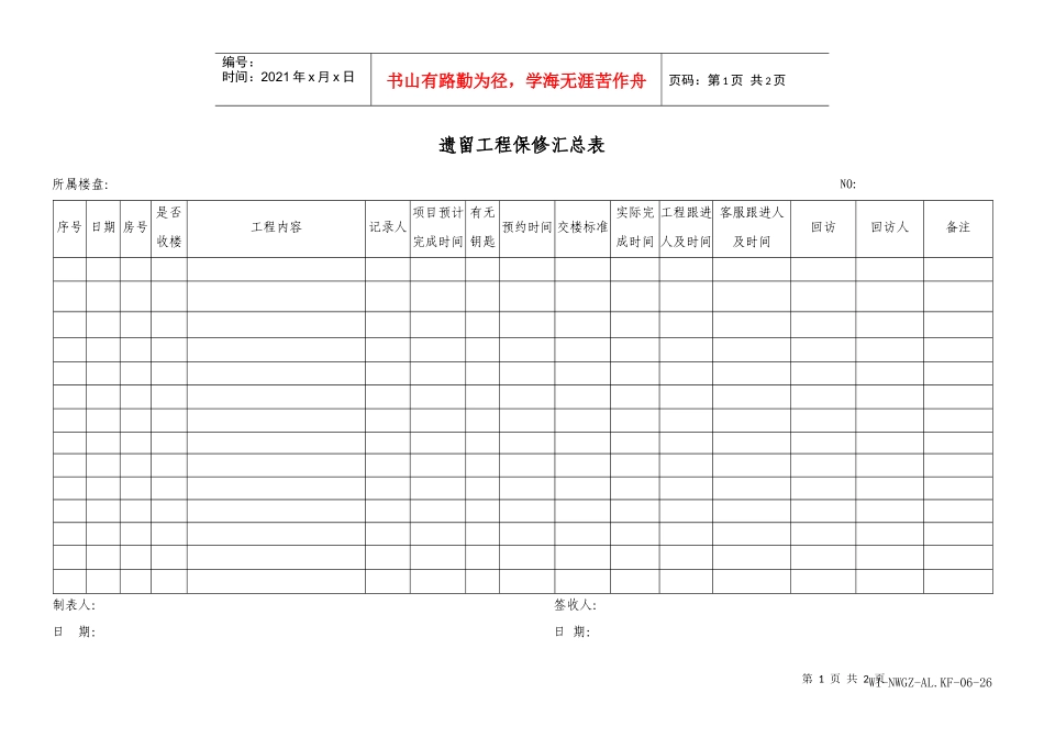 26遗留工程保修汇总表WI-NWGZ-AL.KF-06-26_第1页