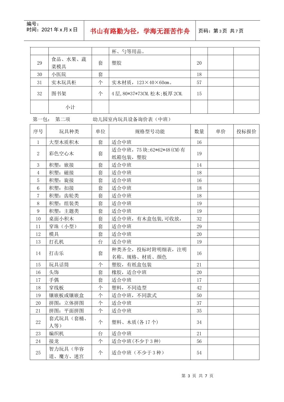 幼儿园室内外玩具设备询价采购开标一览表_第3页