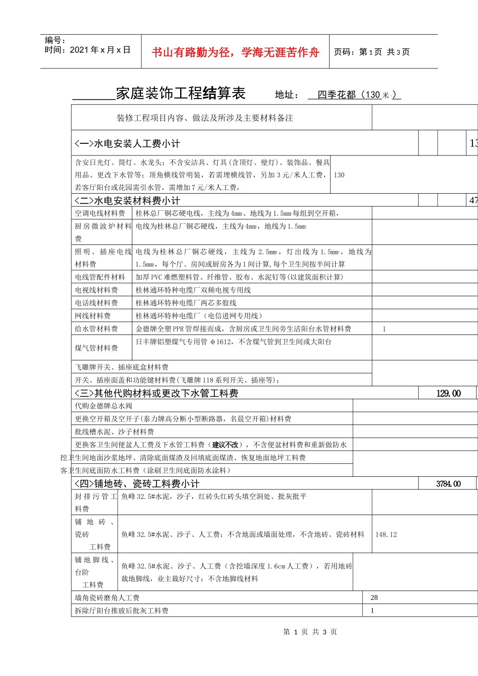 家庭装饰工程结算表_第1页
