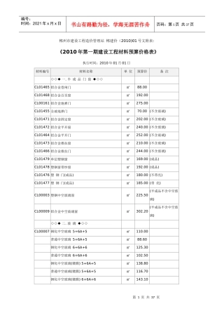 XXXX年第一期建设工程材料预算价格表