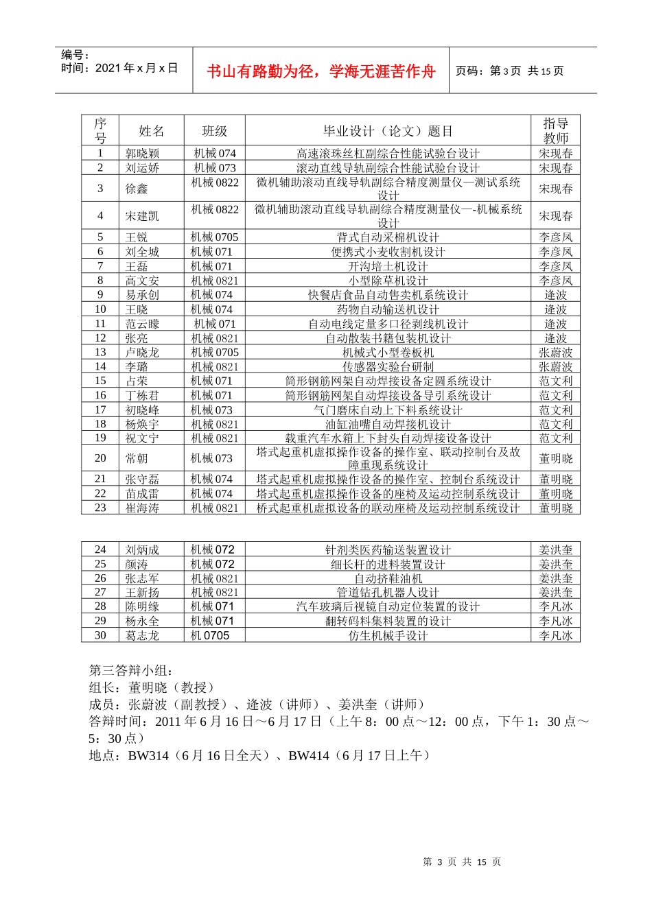 机电工程学院XXXX年毕业答辩安排表614_第3页