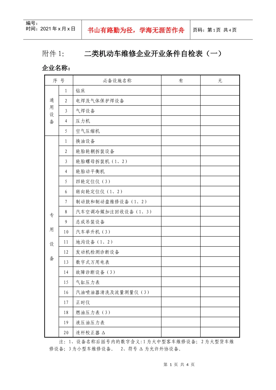 机动车维修企业开业条件自检表-附件1：二类机动车维修企_第1页