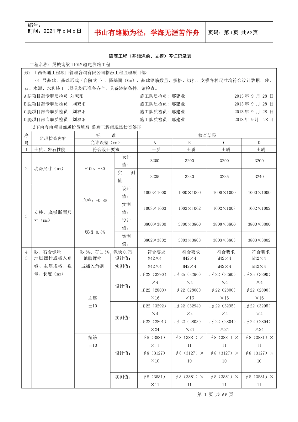 隐蔽工程(基础浇前、支模)签证记录表及说明_第1页