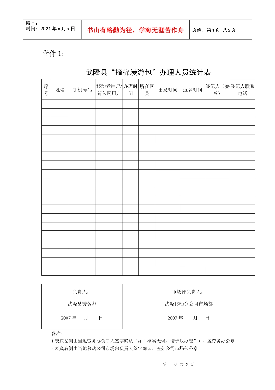 武隆县摘棉漫游包办理人员统计表_第1页