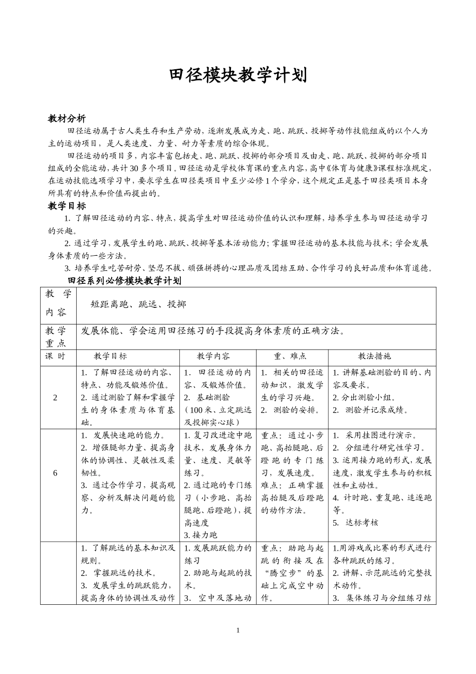 高中田径体育模块教学计划_第1页
