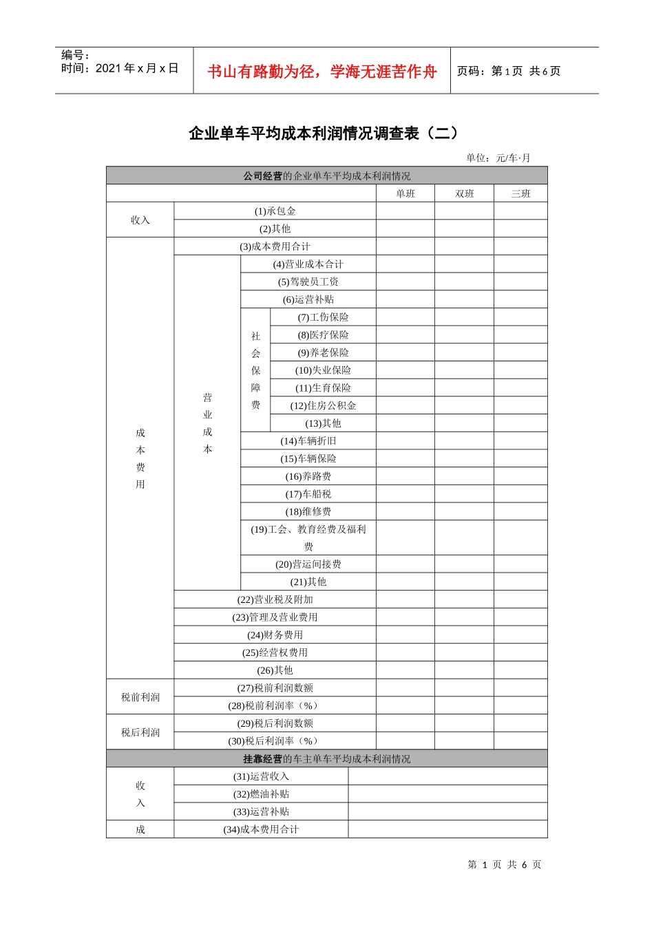 企业单车平均成本利润情况调查表(二)_第1页