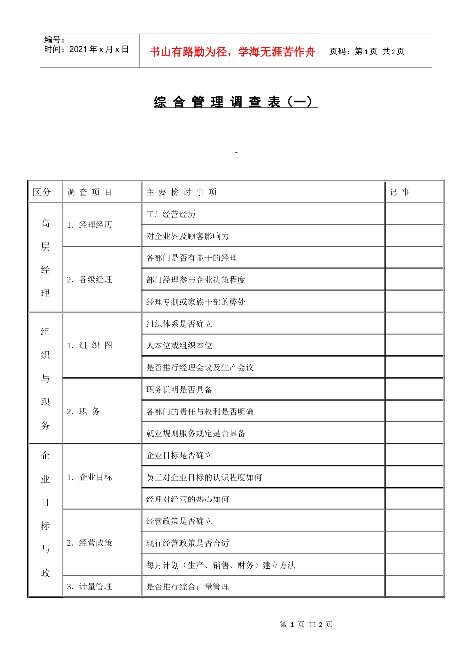【测量评估】综合管理调查表1_第1页