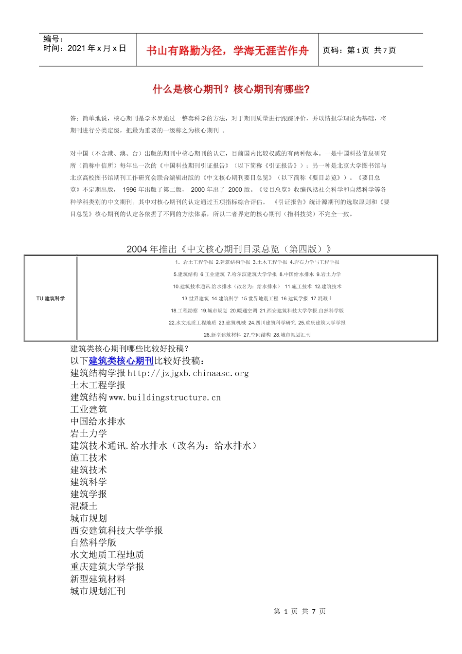 TU 建筑科学类核心期刊表_第1页