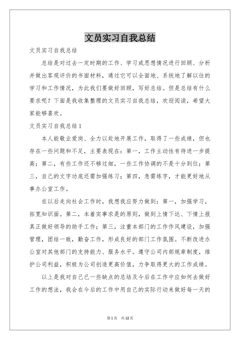 文员实习自我参考总结_第1页