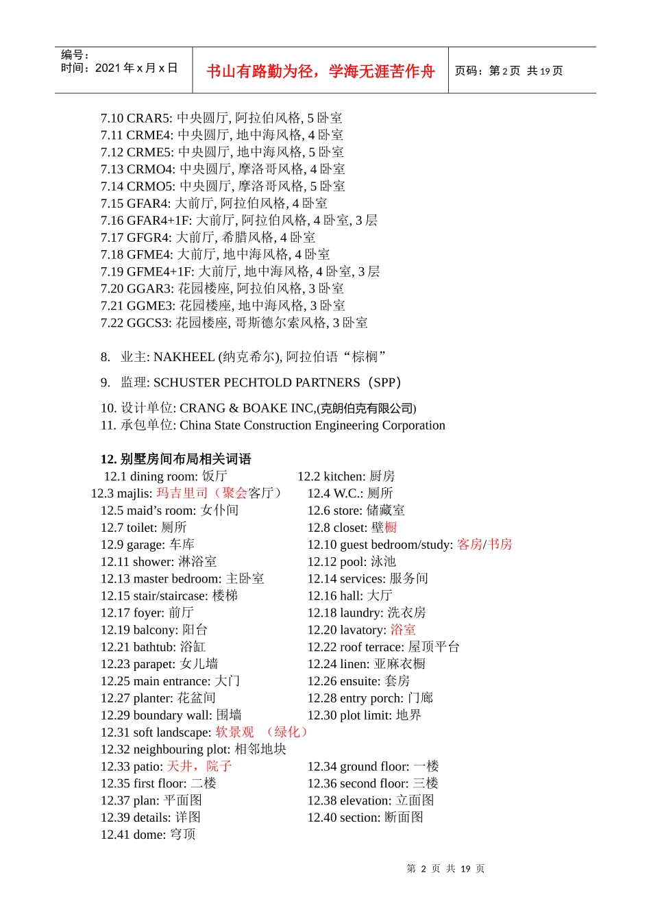 阿联酋棕榈岛花园别墅项目工程英语英汉对照词汇表表_第2页
