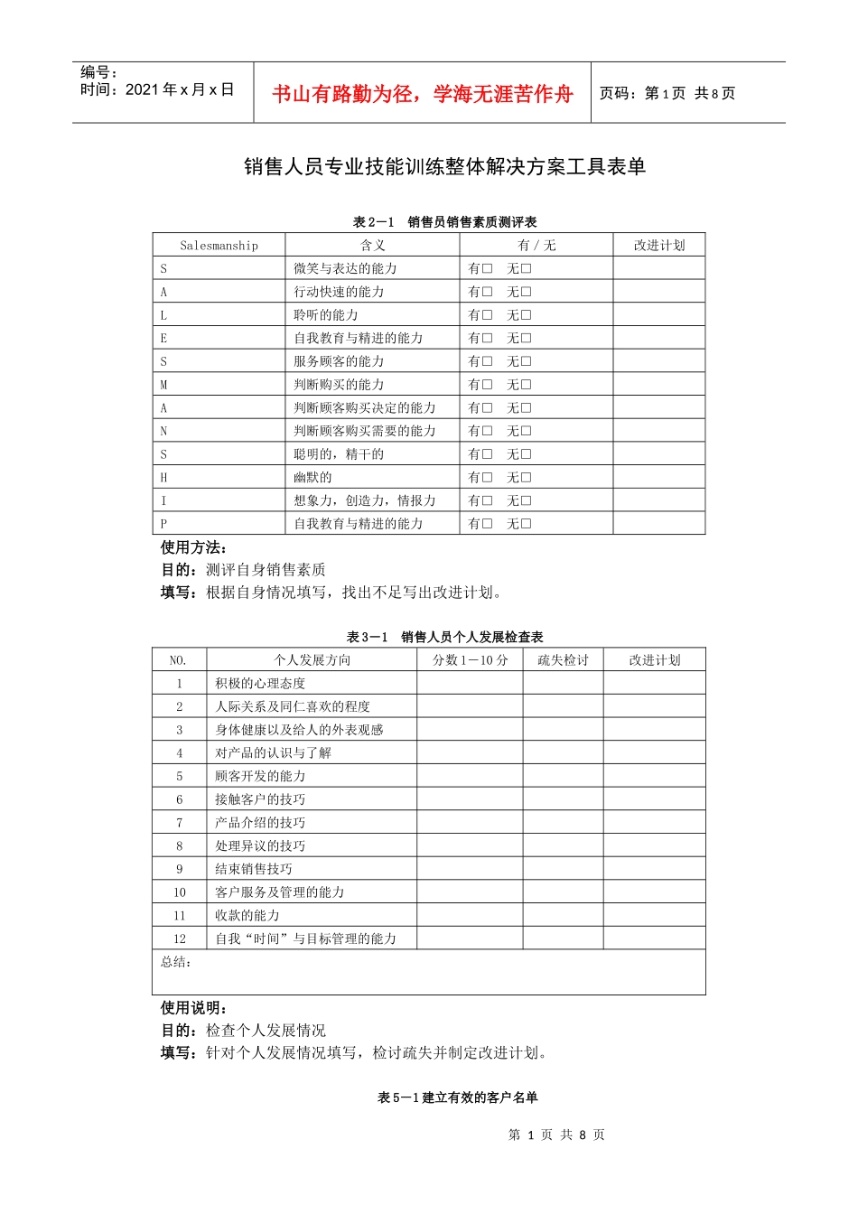 【经营管理】銷售人員專業技能訓練整體解決方案工具表單_第1页