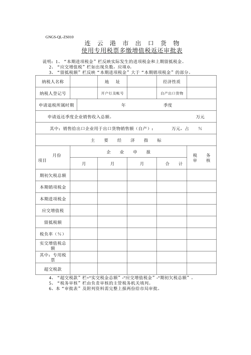 企业税务表格-连云港市出口货物使用专用税票多缴增值税返还审批表_第1页
