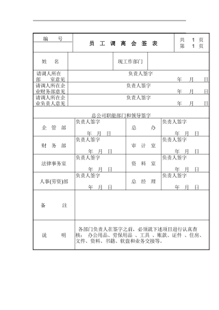 员工调离会签表