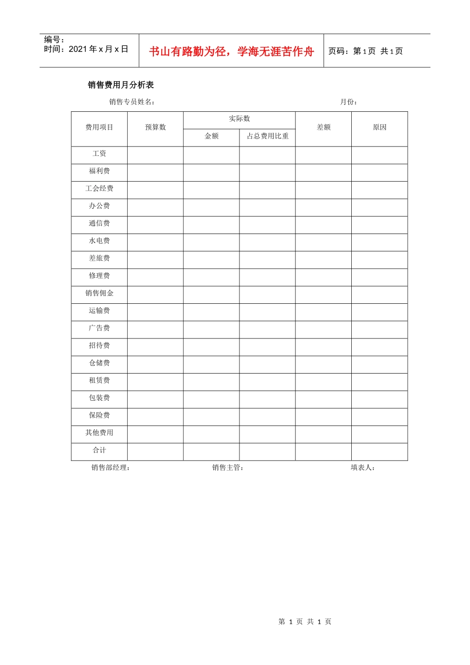 销售费用月分析表_第1页