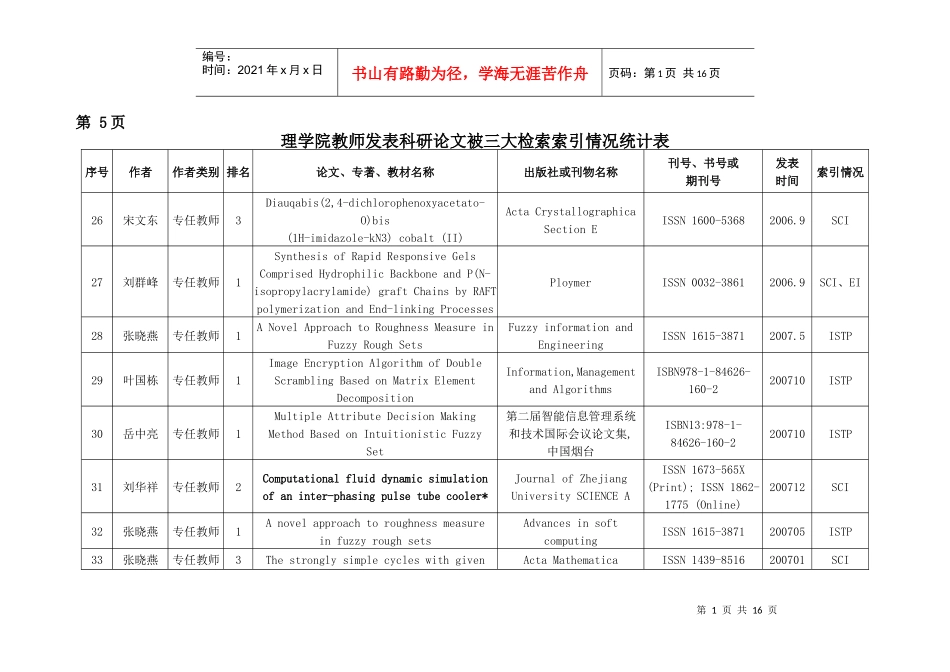 理学院教师发表科研论文被三大检索索引情况统计表_第1页