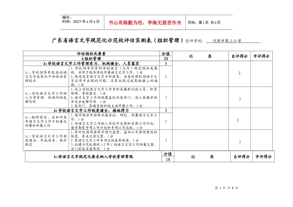 河源市语言文字规范化示范校评估实测表（组织管理）受评学校：_第1页
