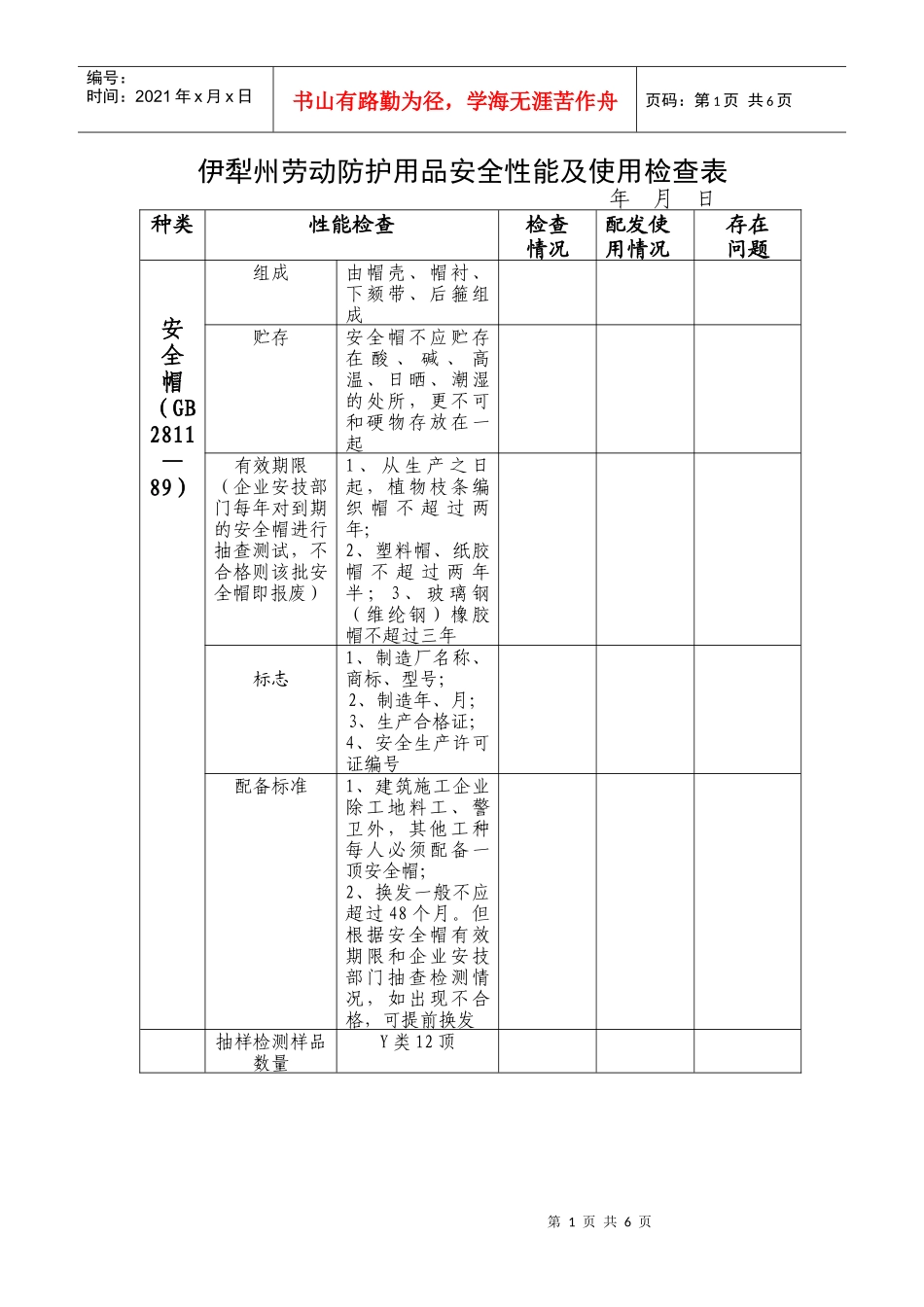 伊犁州劳动防护用品安全性能及使用检查表_第1页
