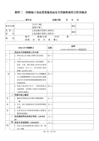 食品业实施食品安全管制系统符合性查检表