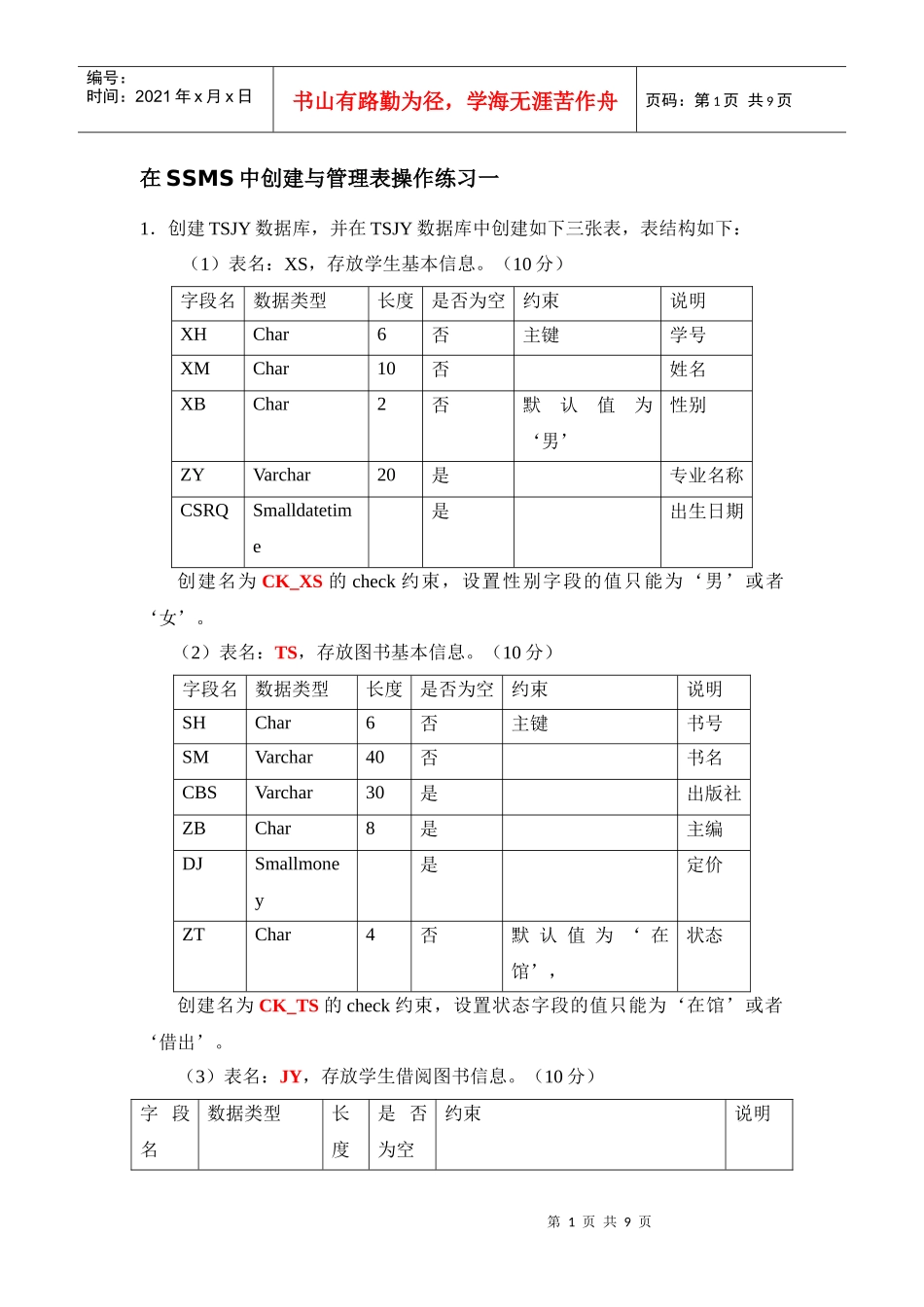 在SSMS中创建与管理表操作练习_第1页