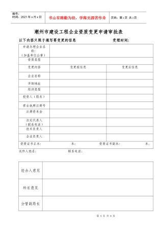 潮州市建筑施工企业资质变更呈批表