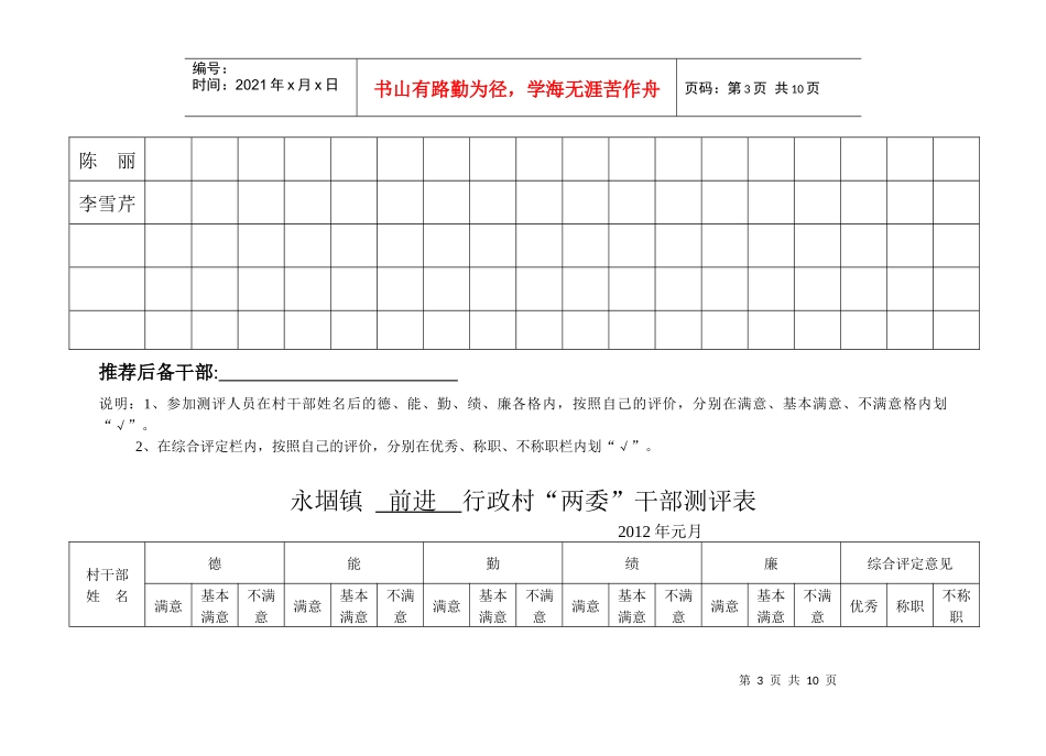 XXXX年度行政村两委干部测评表_第3页