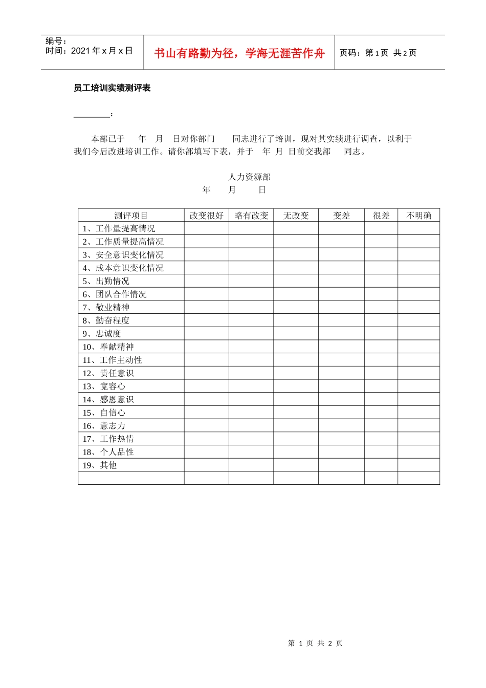 员工培训实绩测评表_第1页