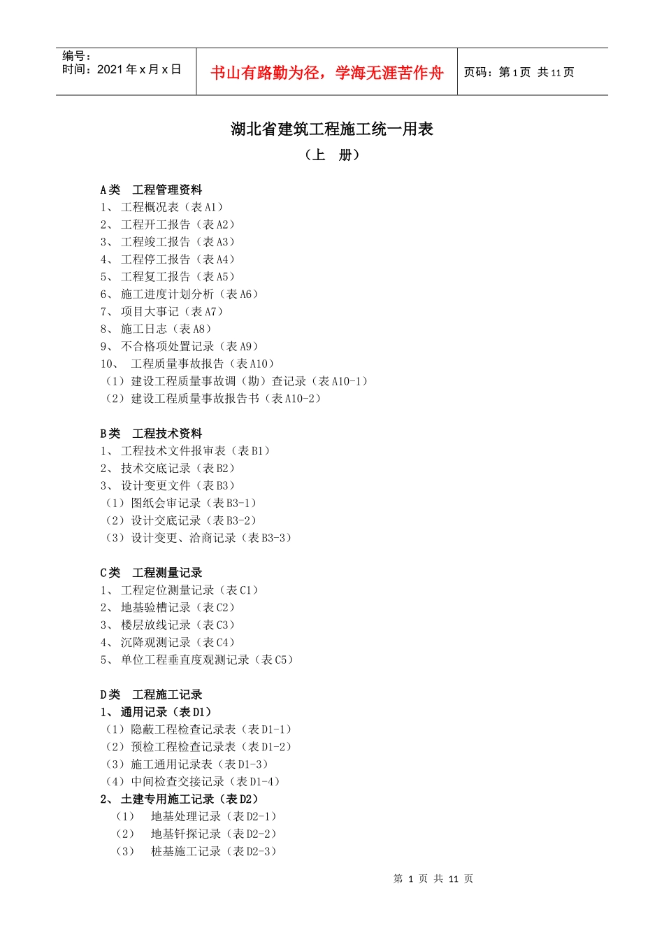 湖北省建筑工程施工统一用表_第1页