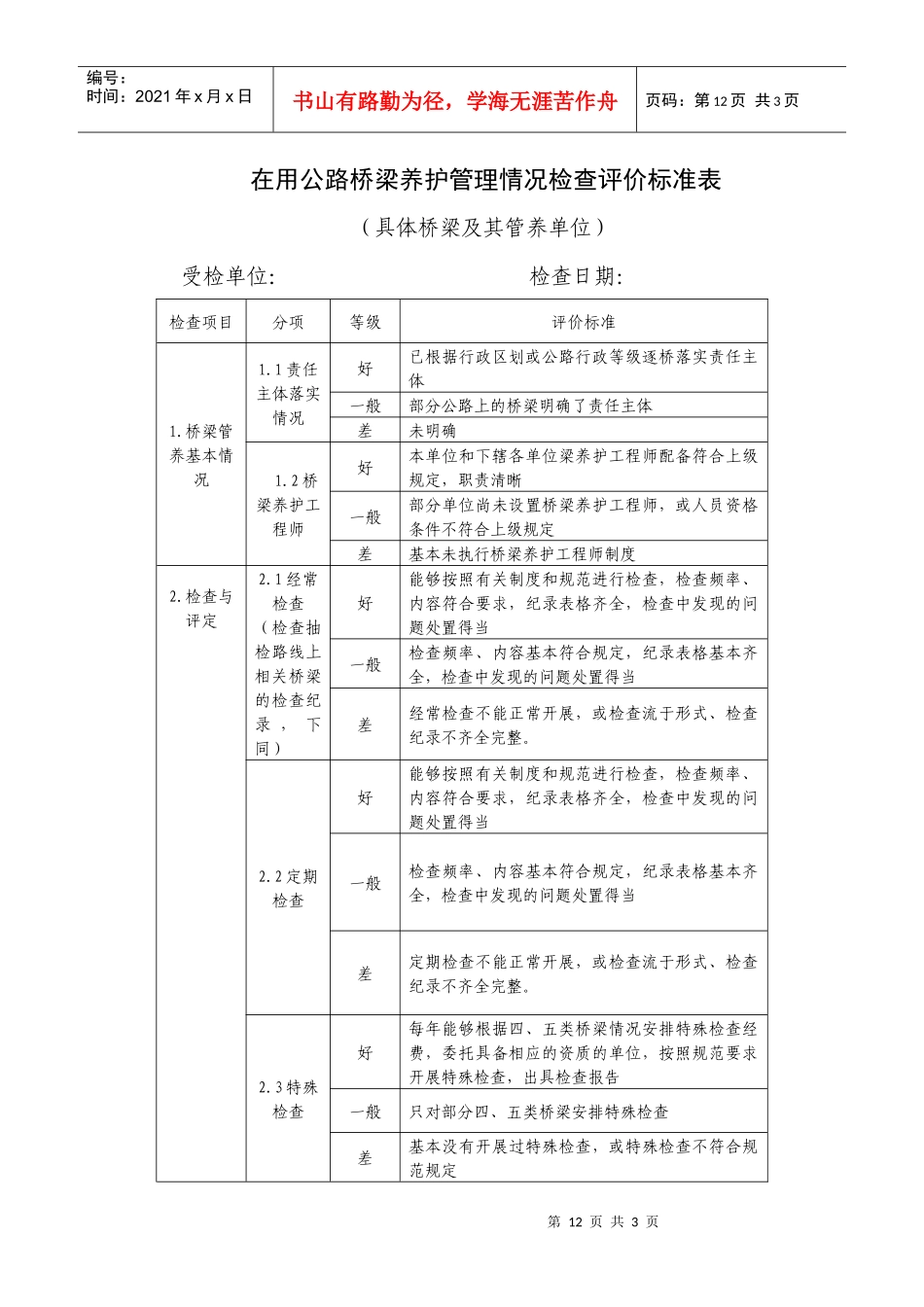 在用公路桥梁养护管理情况检查评价标准表_第1页